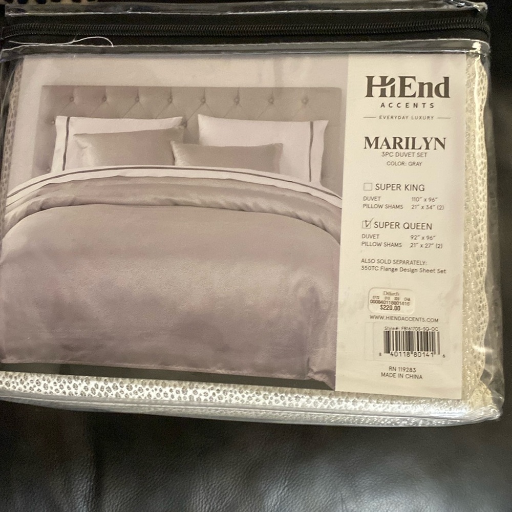 HiEnd Accents MARILYN 3PC DUVET COVER SET, SUPER QUEEN, GRAY SILVER METALLIC NWT